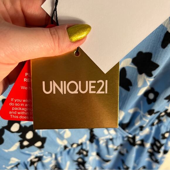 NWT UNIQUE21 Blue Ruffle Chiffon Hero Floral Print Smock A Line Dress Light - Picture 12 of 13